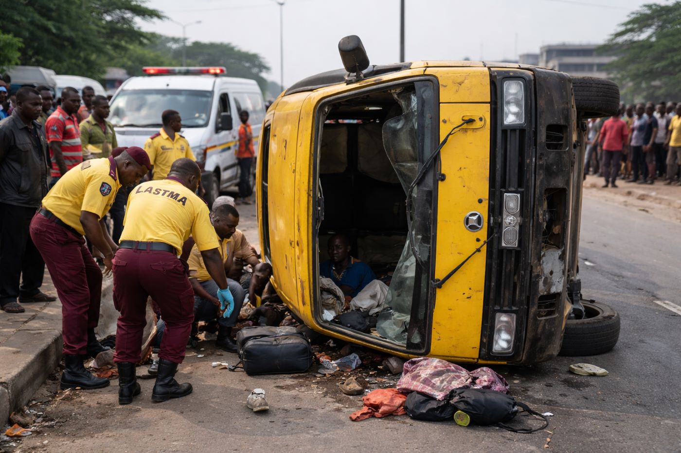 Miracle on Coaster Road: Child, Mother Among 14 Who Survive Lagos Bus Overturn